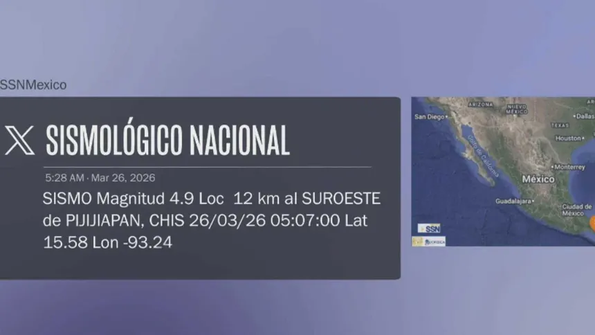 SSN registra sismo de magnitud 4.1 en Chiapas